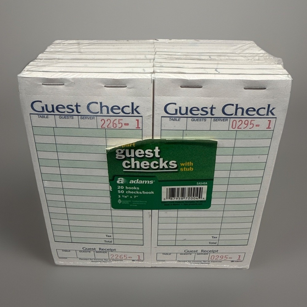 Adams 1-Part Guest Check Books w/stubs 3 3/8 x 7, 20 Pads 1000 total checks New